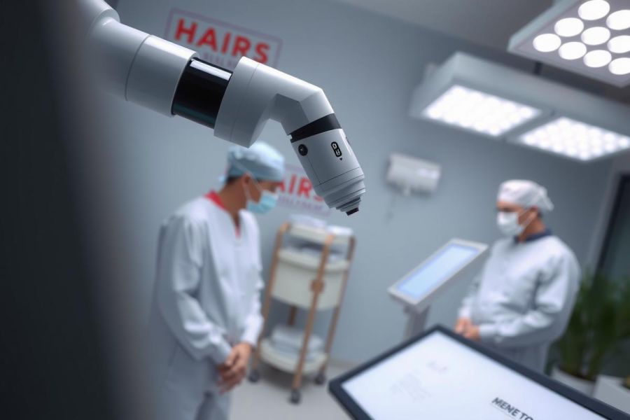 Surgical team in a modern operating room. Medical professionals in scrubs and masks focus on a monitor during a procedure. Bright, sterile environment with advanced equipment.