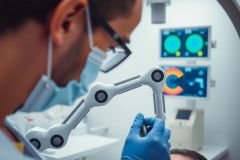 Close-up of a medical professional in gloves examining patient with specialized equipment.