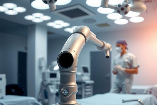 Surgical robot arm in an operating room. Medical equipment, bright lights, and a blurred surgeon create a sterile environment. Focus on advanced technology and precision in healthcare.