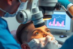 The image depicts medical procedure, focusing on the close-up view of a person's eye. A professional, wearing protective gear and holding a tool, appears to be examining the teeth or tongue with magnification. There are electronic devices with readouts, such as a heart rate monitor, suggesting this could be related to medical care in a clinical setting.