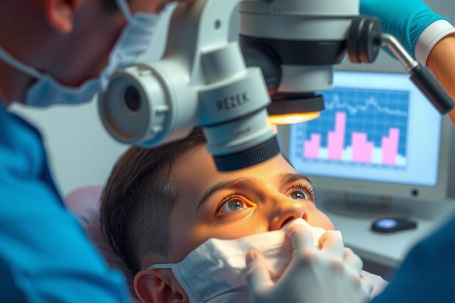 The image depicts medical procedure, focusing on the close-up view of a person's eye. A professional, wearing protective gear and holding a tool, appears to be examining the teeth or tongue with magnification. There are electronic devices with readouts, such as a heart rate monitor, suggesting this could be related to medical care in a clinical setting.