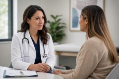 Doctor speaking calmly with patient in exam room, consultation about treatment options.