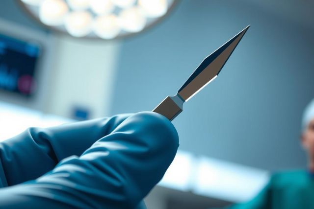 Close-up of a surgical scalpel held in a gloved hand in an operating room. Focus on the precision instrument and sterile environment, highlighting medical procedures and healthcare.