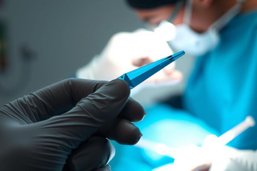 Surgical instruments in a sterile operating room setting. A gloved hand holds a blue surgical tool. Focus on medical procedure and healthcare environment.