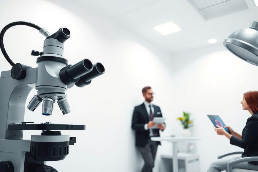 Laboratory setting with a microscope, a woman in a black suit looking at a tablet, and a man in a suit in the background. Clean, modern environment with white walls and equipment.