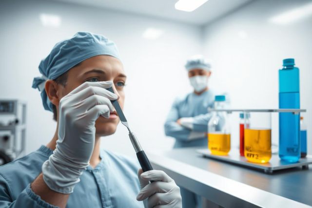 Laboratory setting with scientist in lab coat and gloves using a pipette. Focus on precision and scientific research. Blue and white color scheme.