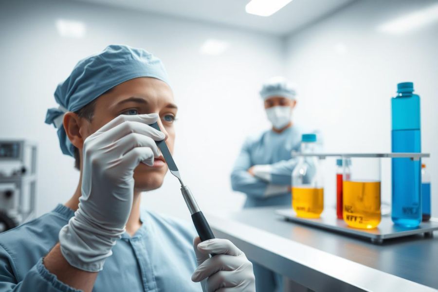 Laboratory setting with scientist in lab coat and gloves using a pipette. Focus on precision and scientific research. Blue and white color scheme.