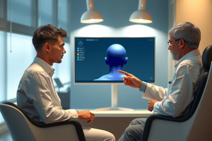 Two men discussing a 3D holographic brain scan in a futuristic lab setting. The image suggests medical technology, research, and advanced diagnostics with a focus on neuroscience.