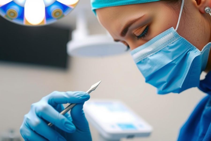Dentist in blue surgical gloves and mask holds a dental instrument. Close-up image shows a sterile dental environment with bright lighting, focusing on precision and healthcare procedures.