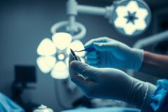 Surgical scene. A gloved hand holds surgical instruments under bright operating room lights. Focus on precision and medical procedures.