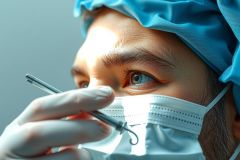Surgeon in blue surgical mask and gloves holds a surgical instrument. Focus on eyes, conveying precision and focus in a medical setting. Healthcare professional.