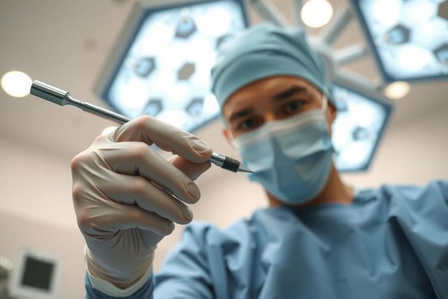 Surgical scene: Doctor in blue scrubs and mask holds a surgical instrument, illuminated by overhead lights. Focus on sterile environment and precision.