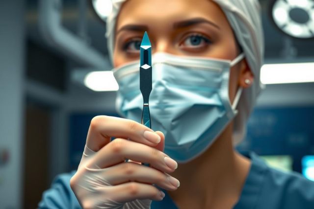 Medical professional in scrubs and mask holds a surgical scalpel. Close-up view in a sterile operating room setting, emphasizing tools and hygiene. Blue and white color palette.