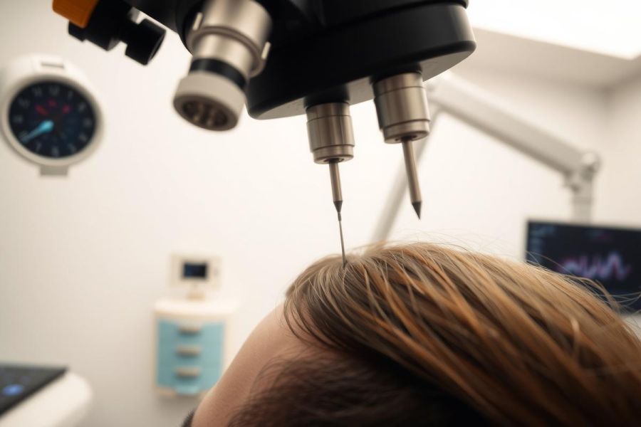 Close-up of a medical procedure, possibly injections or a hair treatment, with specialized equipment and a sterile environment. Focus on precision and healthcare technology.