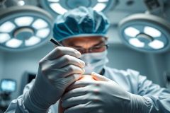 Surgeon performing surgery in a sterile operating room. Close-up view of a medical professional in blue surgical cap and gloves, focused on a procedure under bright operating lights. Healthcare, medicine, and surgical theme with a clinical, blue-toned environment.