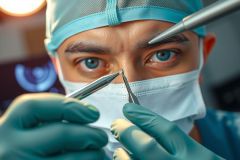 Close-up of a surgeon wearing a mask and gloves, holding surgical instruments. Focus on precision and medical procedure in a sterile environment. Blue eyes visible.