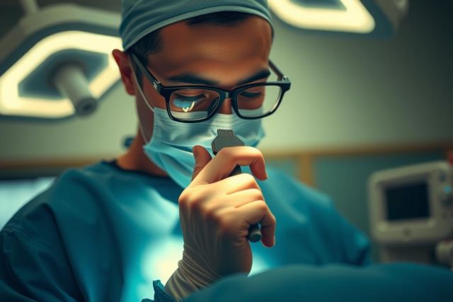 Surgeon wearing a mask and glasses performs a medical procedure in an operating room. Focus on precision and healthcare environment. Blue and green tones dominate the scene. Medical equipment visible.