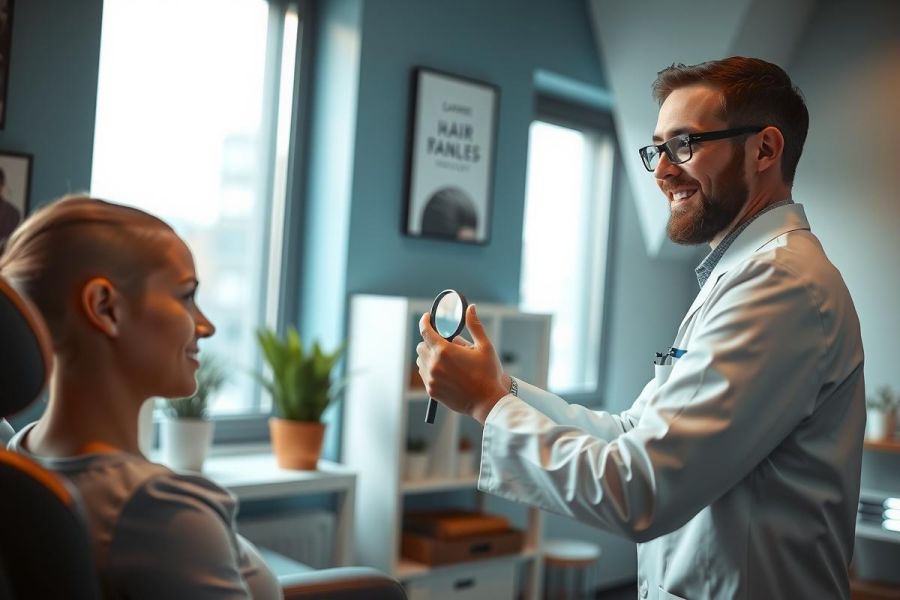 A dermatologist examines a patient's skin with a magnifying glass in a clinic setting. The doctor is wearing a white coat and glasses. The patient is seated in a chair, receiving a skin check. Natural light and modern decor are visible.