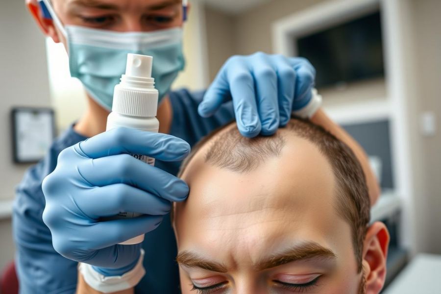 Medical professional applies ointment to patient's forehead in a clinical setting. The doctor wears gloves and a mask, highlighting hygiene and care. Close-up view, bright lighting.