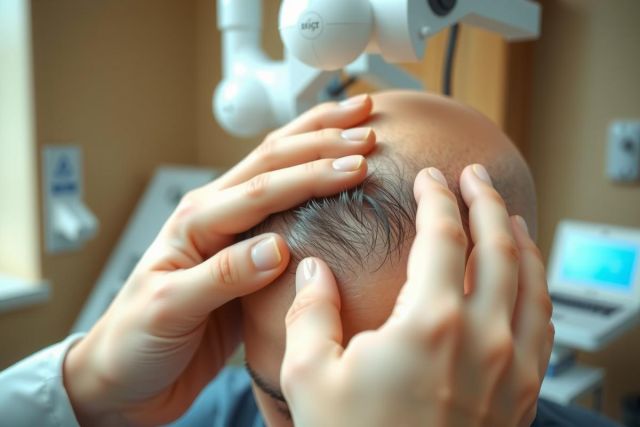 Close-up of a medical examination, likely a neurological or ophthalmological test. Hands are positioned near the patient's head, with medical equipment visible in the background. Focus is on the head and hands, suggesting a diagnostic procedure.