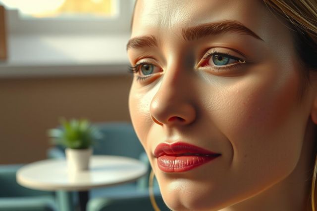 Close-up portrait of a woman with striking blue eyes and red lipstick. Soft lighting highlights her features in a modern interior setting with a table and plants in the background. Elegant and stylish.