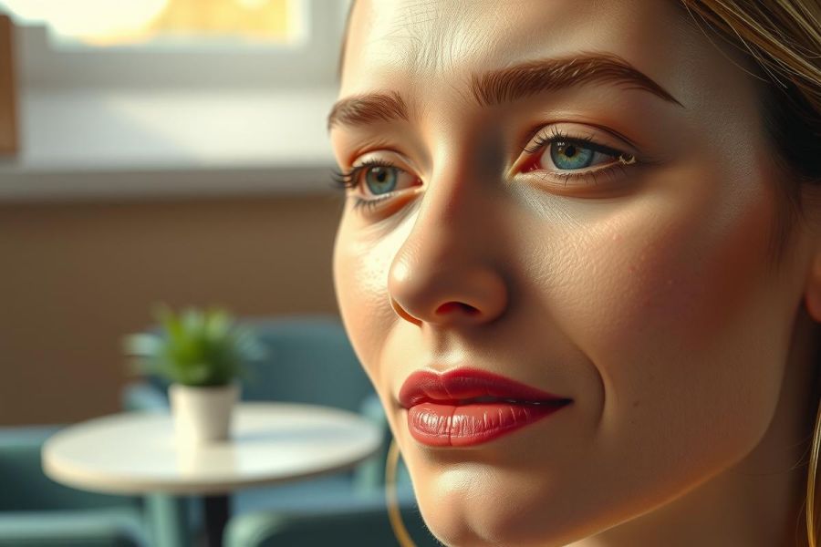 Close-up portrait of a woman with striking blue eyes and red lipstick. Soft lighting highlights her features in a modern interior setting with a table and plants in the background. Elegant and stylish.