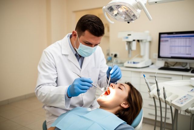 Dentist in mask examines patient's open mouth under a dental light during a clinical tooth exam.