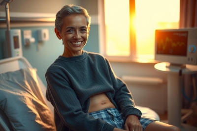 The image depicts a cheerful person, who appears to be a woman, seated on a hospital bed. She is smiling and seems to be in good spirits despite being in the hospital environment.
