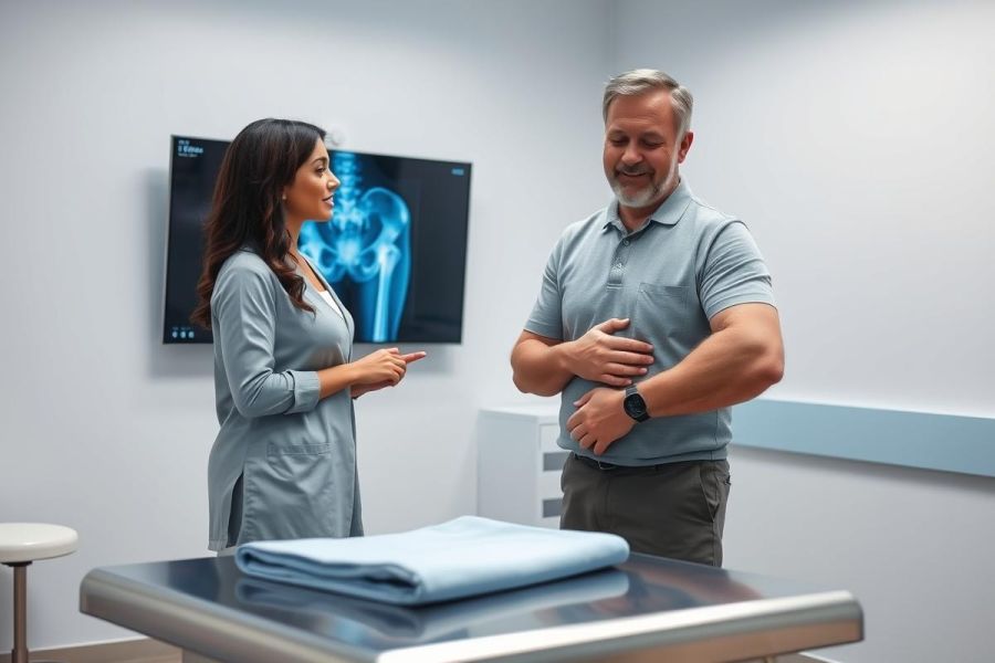 Doctor discussing patient's hip x-ray in a modern clinic. Medical consultation, diagnostic imaging, and healthcare professional interaction depicted in a clean, bright environment. Blue and gray tones dominate.