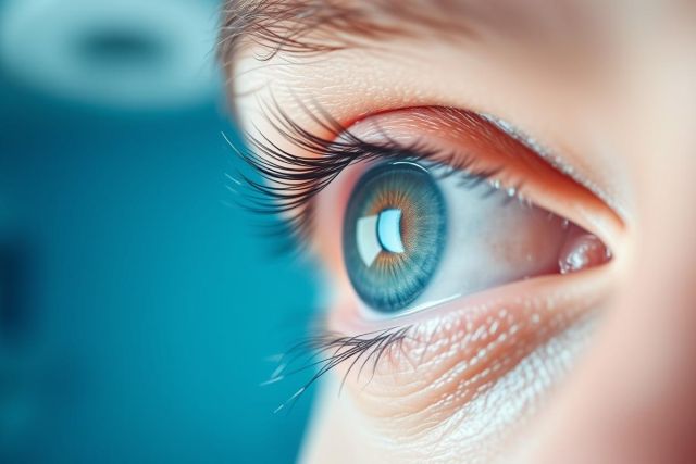 Close-up of a striking blue-green eye with long eyelashes and detailed iris. The eye is set against a blurred turquoise background, creating a focus on beauty and vision. A macro shot highlighting eye detail and color.