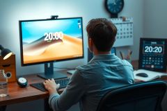 The image shows a person working at a desk in an office setting. There's a computer monitor, and the time on the screen is 20:00 PM. The person is seated, their hands on the keyboard, focused on the screen.