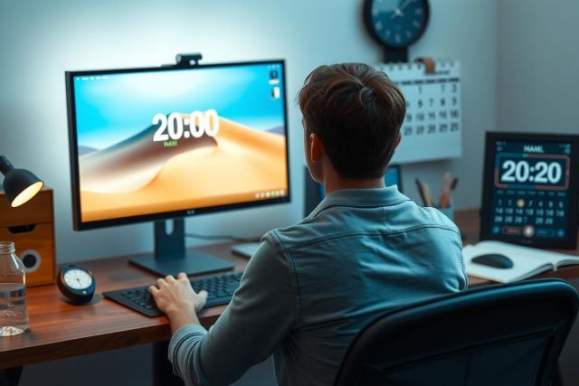 The image shows a person working at a desk in an office setting. There's a computer monitor, and the time on the screen is 20:00 PM. The person is seated, their hands on the keyboard, focused on the screen.