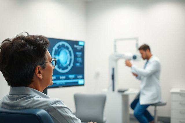 Eye exam in a modern clinic. A patient wearing glasses views a detailed eye scan displayed on a monitor, while an optometrist performs a diagnostic test. Clean, bright interior with blue and white tones. Healthcare, vision care, and medical technology themes.