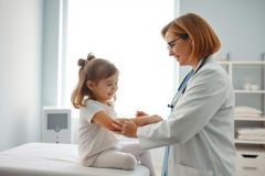Doctor examining a young girl in a bright, modern clinic. A caring pediatrician checks the child's arm during a medical appointment. Healthcare, child health, and wellness themes are present.