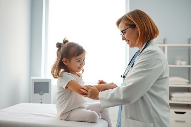 Doctor examining a young girl in a bright, modern clinic. A caring pediatrician checks the child's arm during a medical appointment. Healthcare, child health, and wellness themes are present.