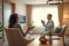 A doctor consults with a patient in a modern, brightly lit office. The scene shows a professional setting with fruit, plants, and a graph on a screen in the background.