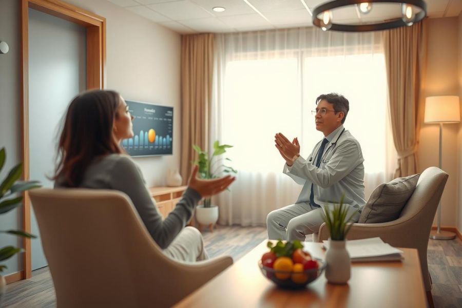 A doctor consults with a patient in a modern, brightly lit office. The scene shows a professional setting with fruit, plants, and a graph on a screen in the background.