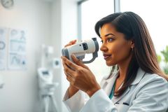 Optometrist performing eye exam in a bright, modern clinic. A female doctor uses a handheld vision testing device. White walls and medical equipment create a healthcare setting. Focus on eye care, health, and professional medical services.