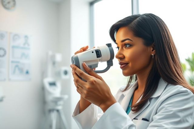 Optometrist performing eye exam in a bright, modern clinic. A female doctor uses a handheld vision testing device. White walls and medical equipment create a healthcare setting. Focus on eye care, health, and professional medical services.