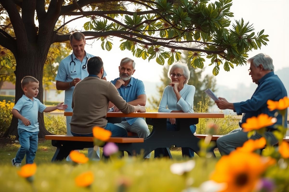 A group of people gathered around picnic tables in a park setting. There's a mix of men and women, possibly enjoying a meal or having a meeting outdoors. The environment is relaxed with trees in the background under a clear sky.
