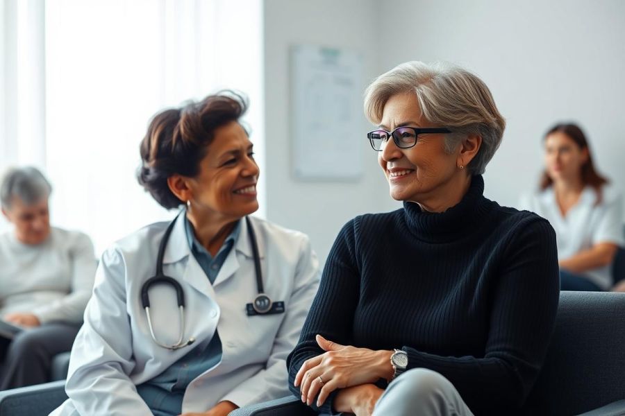 Doctor consults with a smiling senior woman in a bright, modern clinic setting. Healthcare, patient care, and positive doctor-patient relationship are highlighted. Warm colors and a focus on well-being create a comforting atmosphere.