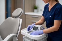 Dental clinic setting with clinician in scrubs preparing monitoring device beside treatment chair.