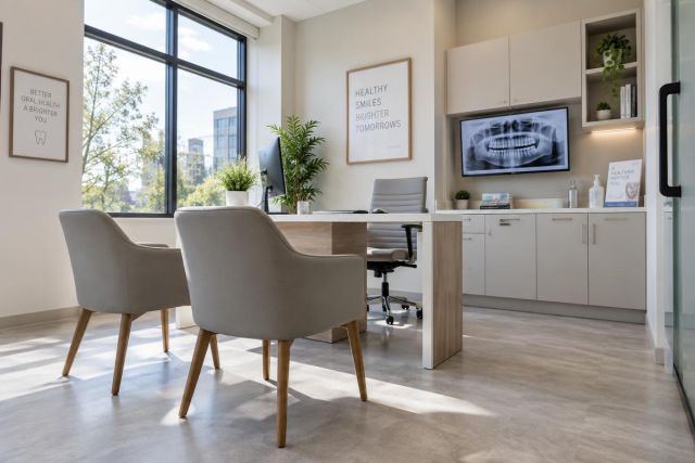 Modern dental consultation room with chairs, desk, panoramic dental X-ray on screen.