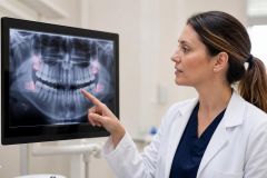 Dental professional reviewing panoramic jaw X-ray, pointing at impacted wisdom teeth, clinical consultation.