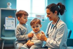 Friendly female pediatrician examining two young children in a bright, modern clinic. Focus on healthcare, child wellness, and a positive doctor-patient relationship. Blue and white color palette evokes a clean, professional environment. Pediatric doctor visit.