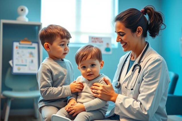 Friendly female pediatrician examining two young children in a bright, modern clinic. Focus on healthcare, child wellness, and a positive doctor-patient relationship. Blue and white color palette evokes a clean, professional environment. Pediatric doctor visit.