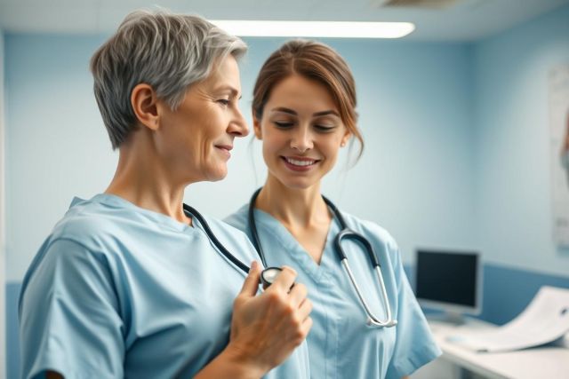 Two healthcare professionals, a nurse and doctor, in a light blue medical office setting. One is listening to the other's heart with a stethoscope. Image depicts patient care, medical examination, and teamwork in a clinical environment. Soft lighting and professional attire are visible.