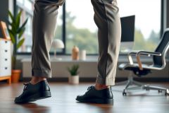 Person in black shoes and gray pants stands in a modern office with large windows and wooden floors. The scene features a minimalist decor with plants and a chair, suggesting a workspace or meeting room.