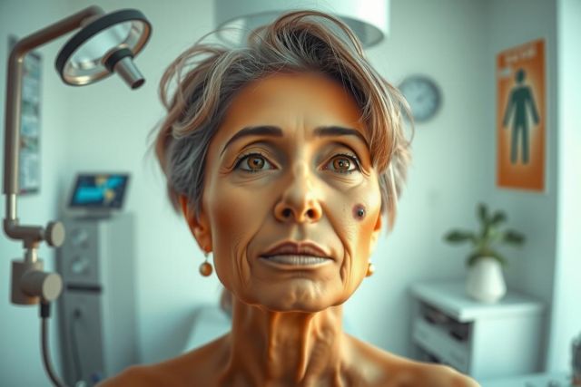 The image shows a woman in an indoor setting that resembles a doctor's office. She appears to be middle-aged and is looking directly at the camera with a slight frown on her face, possibly indicating concern or discomfort. 