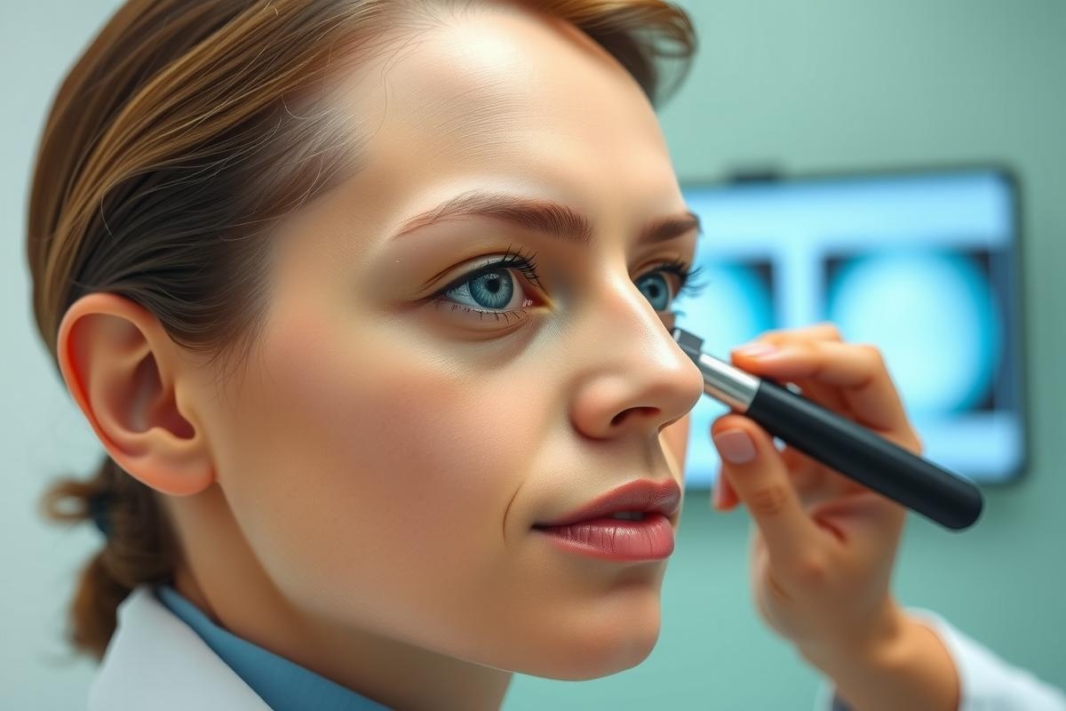 The image shows a woman in what appears to be an optician's office, using a slit lamp for eye examination. The woman has her eyes closed and is holding the slit lamp close to her face.